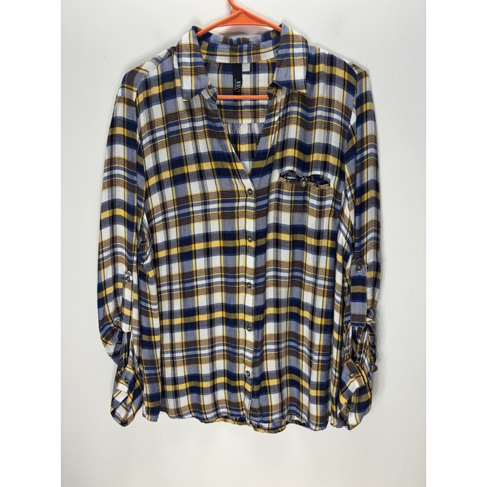 Kut From The Kloth Crinkle Blue Plaid Pearl Snap Button Down Shirt Rayon Sz L
